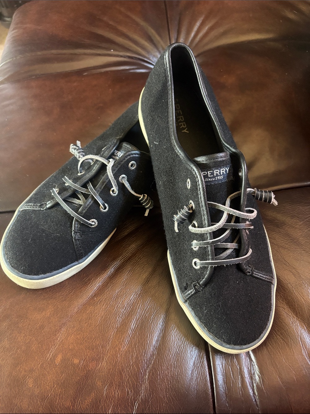 Sperry Black Wool Low-Profile Boat Shoes with White Sole